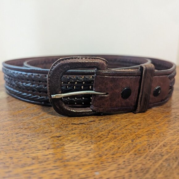 Vintage Leather Weave‎ Belt Boho Brown Leather Covered Buckle Unisex Size 42 main image 5